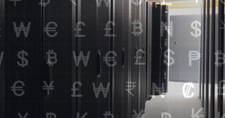 Image of currency symbols over server room. global business, finances and digital interface concept digitally generated image.の写真素材