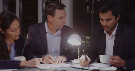 Image of financial data processing over diverse business people in office. global business, data...