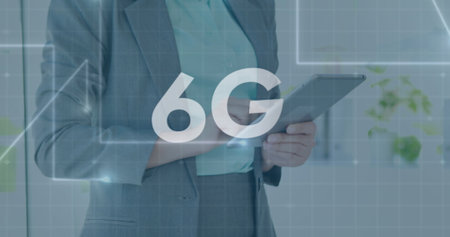 Image of 6g text and lines over caucasian businesswoman using tablet. Global business, technology...