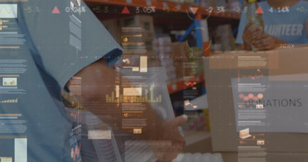 Image of financial graphs over diverse female and male warehouse workers. business, finance and...