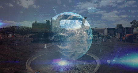 Image of data processing and globe over rubbish dump. global business and digital interface concept digitally generated image.の写真素材
