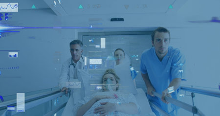 Image of financial graphs over caucasian doctors and female patient on bed. economy, finance, health...