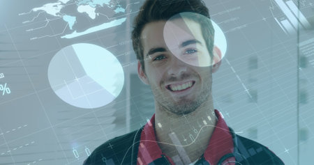Image of data processing over caucasian male paramedic smiling. global medicine and digital interface concept digitally generated image.の写真素材