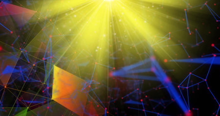 Image of yellow light and connections on black background. Shape, colour, movement and space concept...