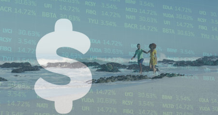 Image of american dollar sign and financial data processing over couple on beach. Global holiday, business, finance, computing, connections and data processing concept digitally generated image.の写真素材