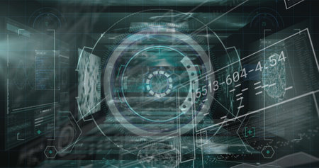 Image of digital screens with data processing on dark green background. Digital interface, data...