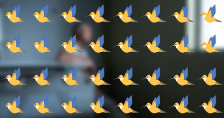 Image of birds icons over biracial woman in bed. Social media and communication interface concept digitally generated image.の写真素材