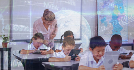 Image of caucasian female teacher with multiracial students using tablets over globe and data. Digital composite, multiple exposure, education, trading, report, childhood, e-learning, technology.の写真素材