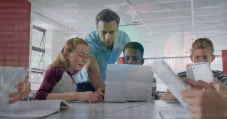 Image of caucasian teacher teaching multiracial students using laptop over infographic interface....