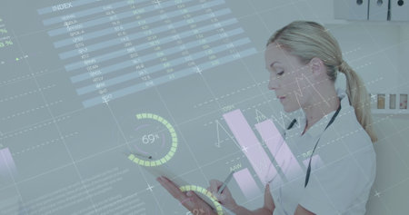 Image of infographic interface over caucasian female doctor writing on clipboard at hospital....