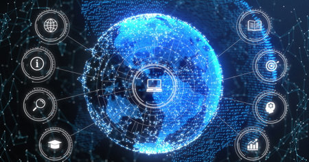 Image of education icons over network of connections on dark background. Learning and education concept digitally generated image.の写真素材