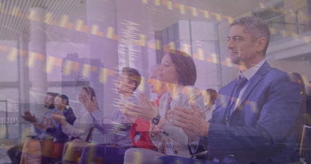 Image of financial data processing over business people in office. Global business, finance, computing, connections and data processing concept digitally generated image.の写真素材