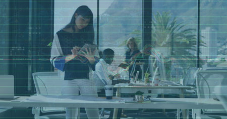 Image of data processing over diverse business people working in office. Global business and digital...
