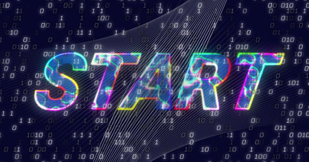 Image of start text over binary coding on dark background. Global image game, digital interface, communication, computing and data processing concept digitally generated image.の写真素材