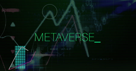 Image of metaverse text, statistics and data processing. Global business, finances, computing and data processing concept digitally generated image.の写真素材