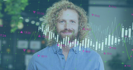 Image of data processing over caucasian businessman at office. Global business, finances and digital...