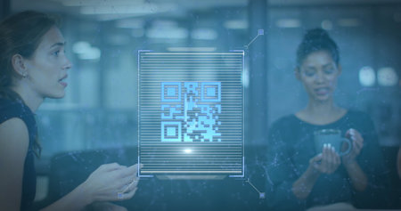 Image of qr code over diverse business people having meeting at office. Global business, online security and digital interface concept digitally generated image.の写真素材