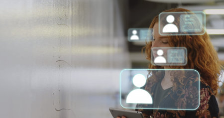 Image of cons with data processing over caucasian businesswoman. Global networks, business, finances, computing and data processing concept digitally generated image.の写真素材