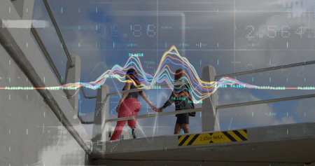 Image of multiple graphs, african american woman with prosthetic leg walking with man on bridge....