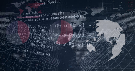 Image of globe, world map and data processing. Global business, finances, computing and data processing concept digitally generated image.の写真素材