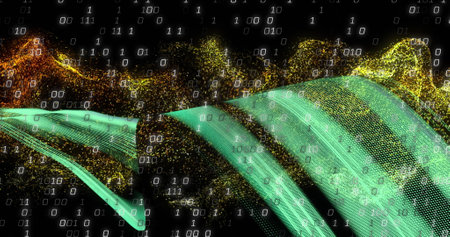 Image of binary coding and data processing over light trails. Global connections, digital interface,...