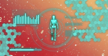 Image of data processing with human skeleton over bubbles on red background. Science, medicine and digital interface concept digitally generated image.の写真素材