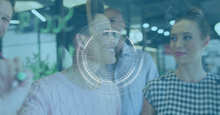 Image of scopes scanning and network of connections over network. global connections data processing and digital interface concept digitally generated image.の写真素材