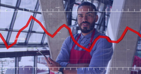 Image of data processing over biracial male barista using smartphone. Global business, finances and digital interface concept digitally generated image.の写真素材
