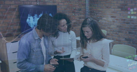Image of graphs, trading board over diverse coworkers discussing reports over digital tablet. Digital composite, multiple exposure, stock market, business, teamwork and technology concept.の写真素材