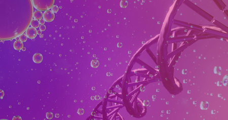 Image of bubbles over dna strand on purple background. Science, medicine and digital interface concept digitally generated image.の写真素材