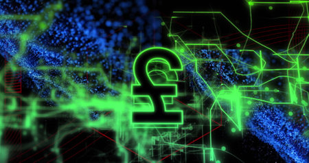 Image of pound sign over data processing on dark background. Global business, digital interface, communication, computing and data processing concept digitally generated image.の写真素材