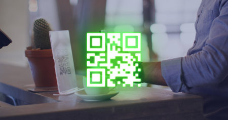 Image of qr code over biracial businessman using smartphone. Global business and digital interface...
