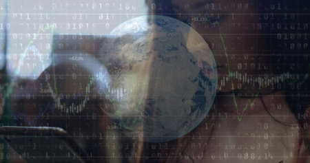 Image of globe, graphs and binary codes over asian teenage girl studying over digital tablet. Digital composite, multiple exposure, globalization, data, reports, e-learning, technology concept.の写真素材