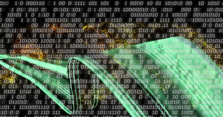 Image of binary coding and data processing over light trails. Global connections, digital interface, communication, computing and data processing concept digitally generated image.の写真素材