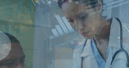 Image of infographic interface, forklift in warehouse, diverse female doctor checking patient. Digital composite, multiple exposure, global, report, distribution, medical and healthcare concept.の写真素材