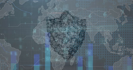 Image of cyber security concept icons and data processing against world map on grey background. Global networking and cyber security technology conceptの写真素材