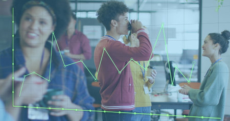 Image of data processing over diverse business people having meeting at office. Global business,...