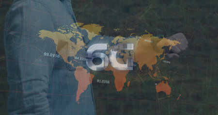 Image of 6g and world map over hands of caucasian businessman checking smartwatch. Business,...