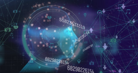 Image of three dimensional human diagram rotating with numbers and various signs. Digital composite,...