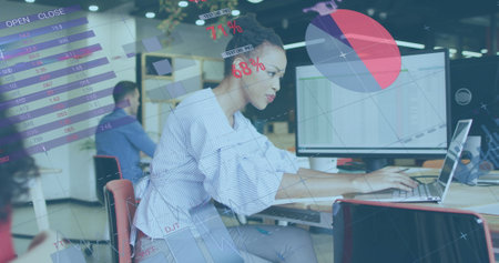 Image of data processing over diverse business people working at office. Global business, finances...