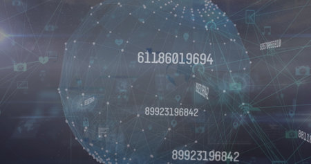 Image of various digital icons and globe with rapid changing numbers. Digital composite, technology, futuristic, development, connection, global, multiple exposure.の写真素材