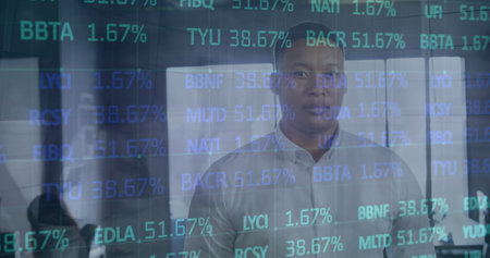 Image of financial data processing over business people in office. Global business, finance,...