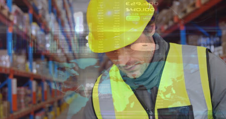 Image of data abstract over man working in warehouse. Global shipping delivery and connections...