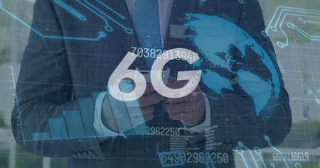 Image of globe, graphs and 6g over hands of caucasian businessman using smartphone. Business, network, communication and technology concept digitally generated image.の写真素材