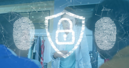 Image of padlock icon over diverse business people having meeting at office. Global business, online...