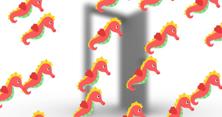 Image of pink movies seahorses over open door. Pattern, colour, background concept digitally generated image.の写真素材
