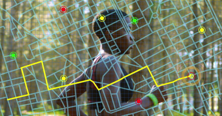 Navigation map line scheme over african american fit woman running in the park. gps and navigation...