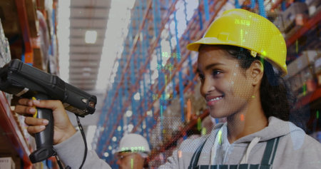 Financial data processing over african american female worker scanning stock at the warehouse....