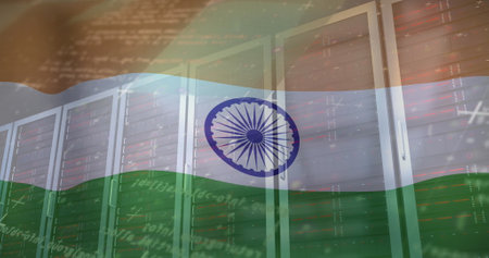 Image of computer language and flag of india over data server racks. Digital composite, multiple...