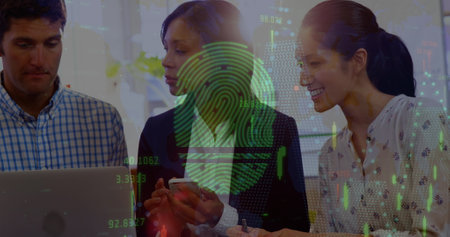 Image of financial graphs over diverse female and male coworkers in office. Business, cooperation...